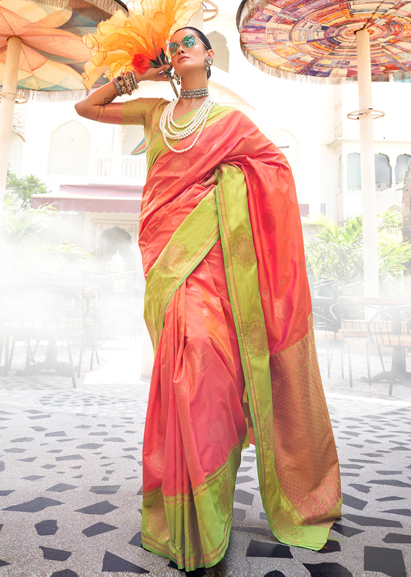 Monjolika Fashion Peach Weaving Zari Katan Silk Party Classic Saree | Grocsy