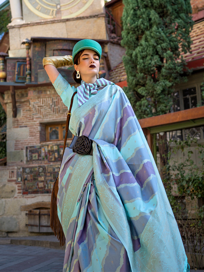 Monjolika Fashion Aqua Blue Ceremonial Katan Silk Weaving Zari Contemporary Saree | Grocsy