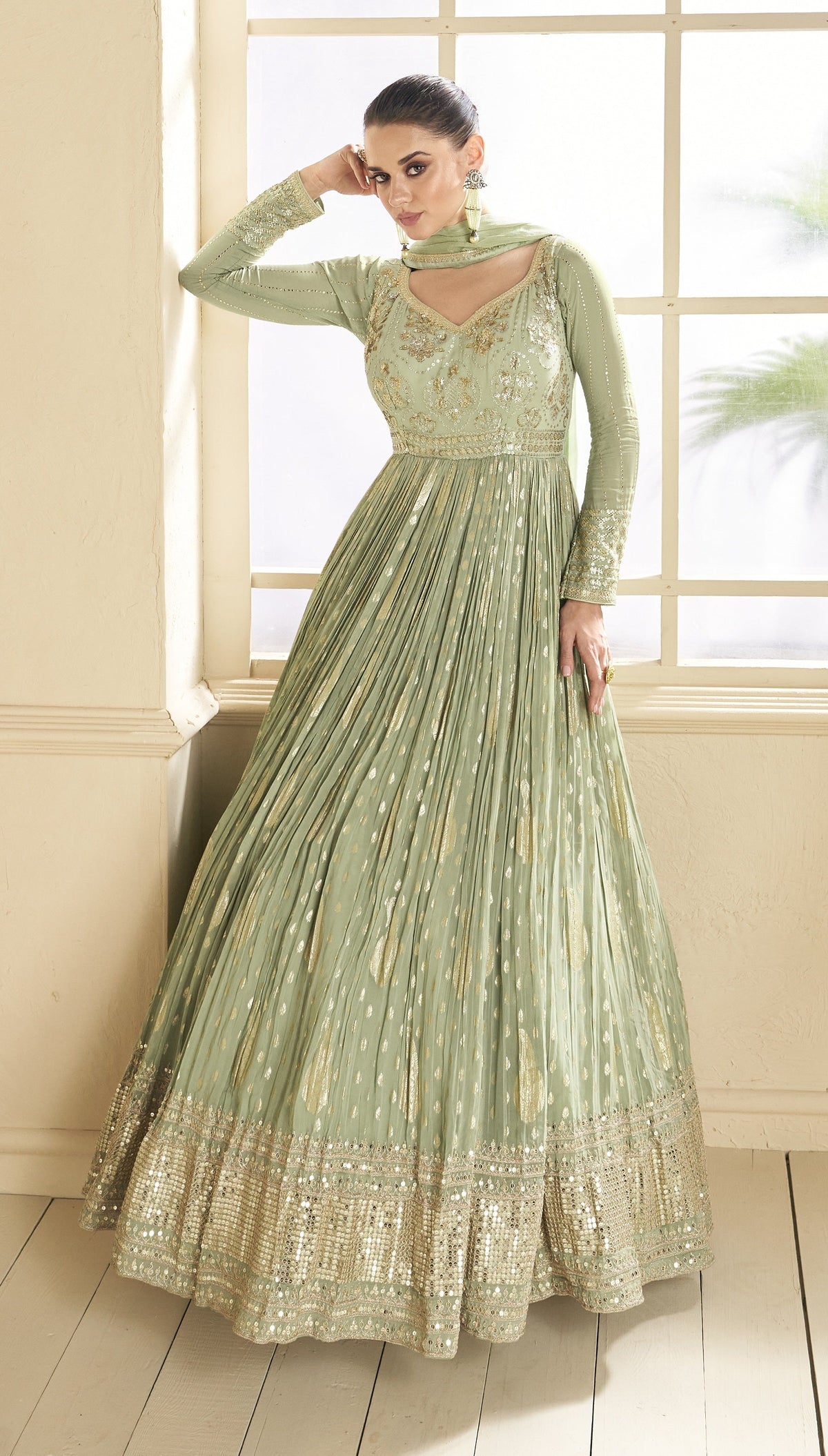 Anaita Mehendi Embroidered Viscose Jacquard Anarkali Suit | Grocsy