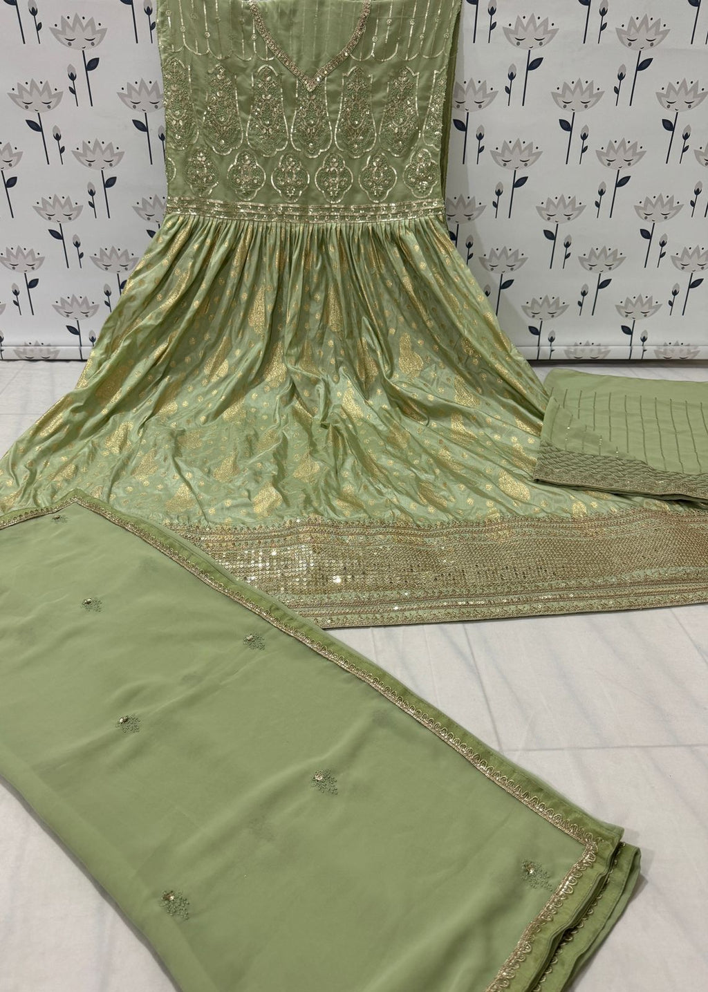 Anaita Mehendi Embroidered Viscose Jacquard Anarkali Suit | Grocsy