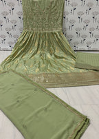 Anaita Mehendi Embroidered Viscose Jacquard Anarkali Suit | Grocsy