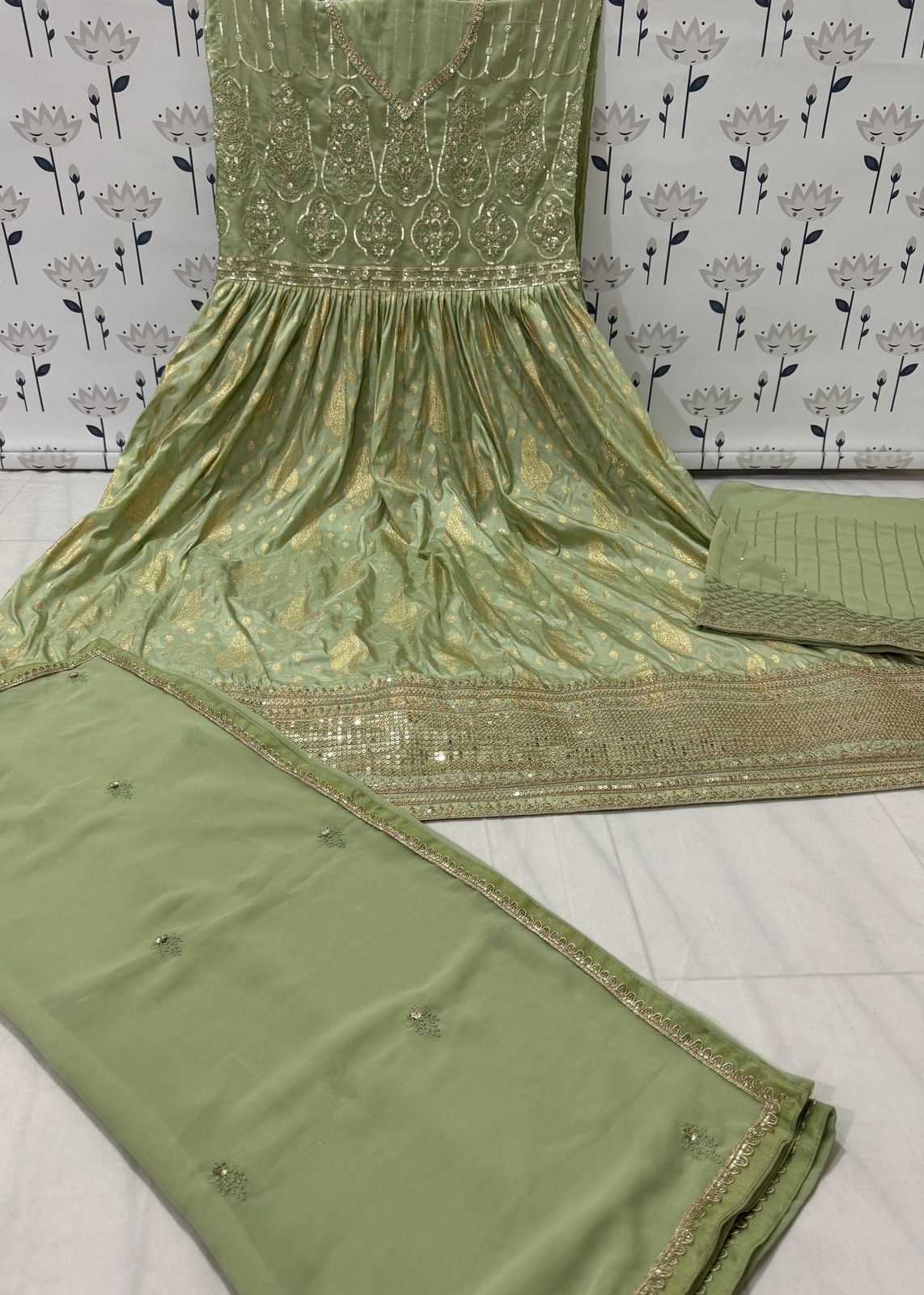 Anaita Mehendi Embroidered Viscose Jacquard Anarkali Suit | Grocsy