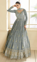 Anaita Grey Embroidered Viscose Jacquard Anarkali Suit | Grocsy