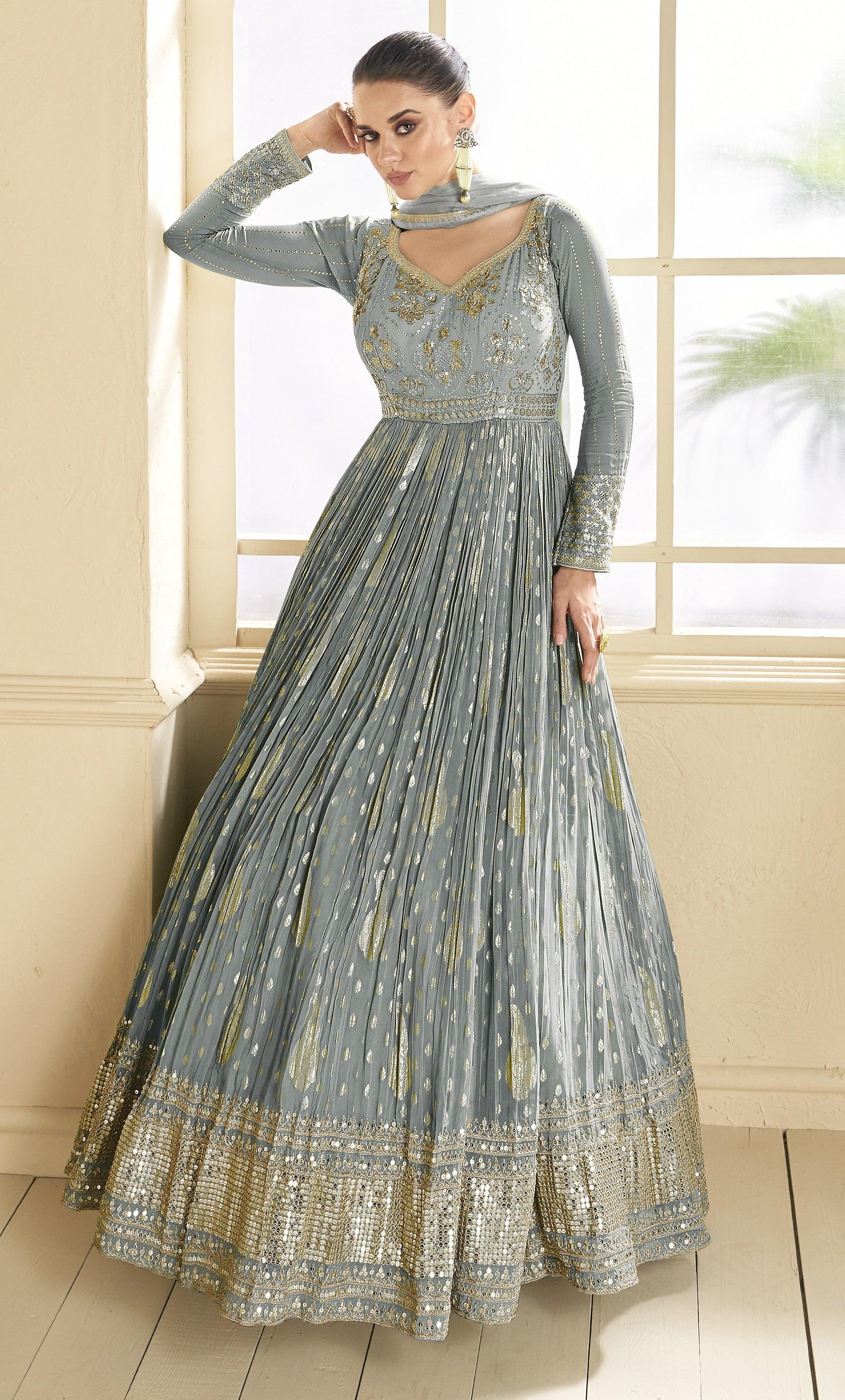 Anaita Grey Embroidered Viscose Jacquard Anarkali Suit | Grocsy