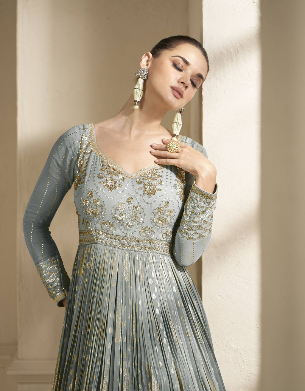 Anaita Grey Embroidered Viscose Jacquard Anarkali Suit | Grocsy