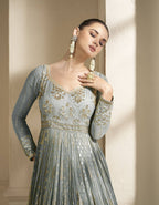 Anaita Grey Embroidered Viscose Jacquard Anarkali Suit | Grocsy