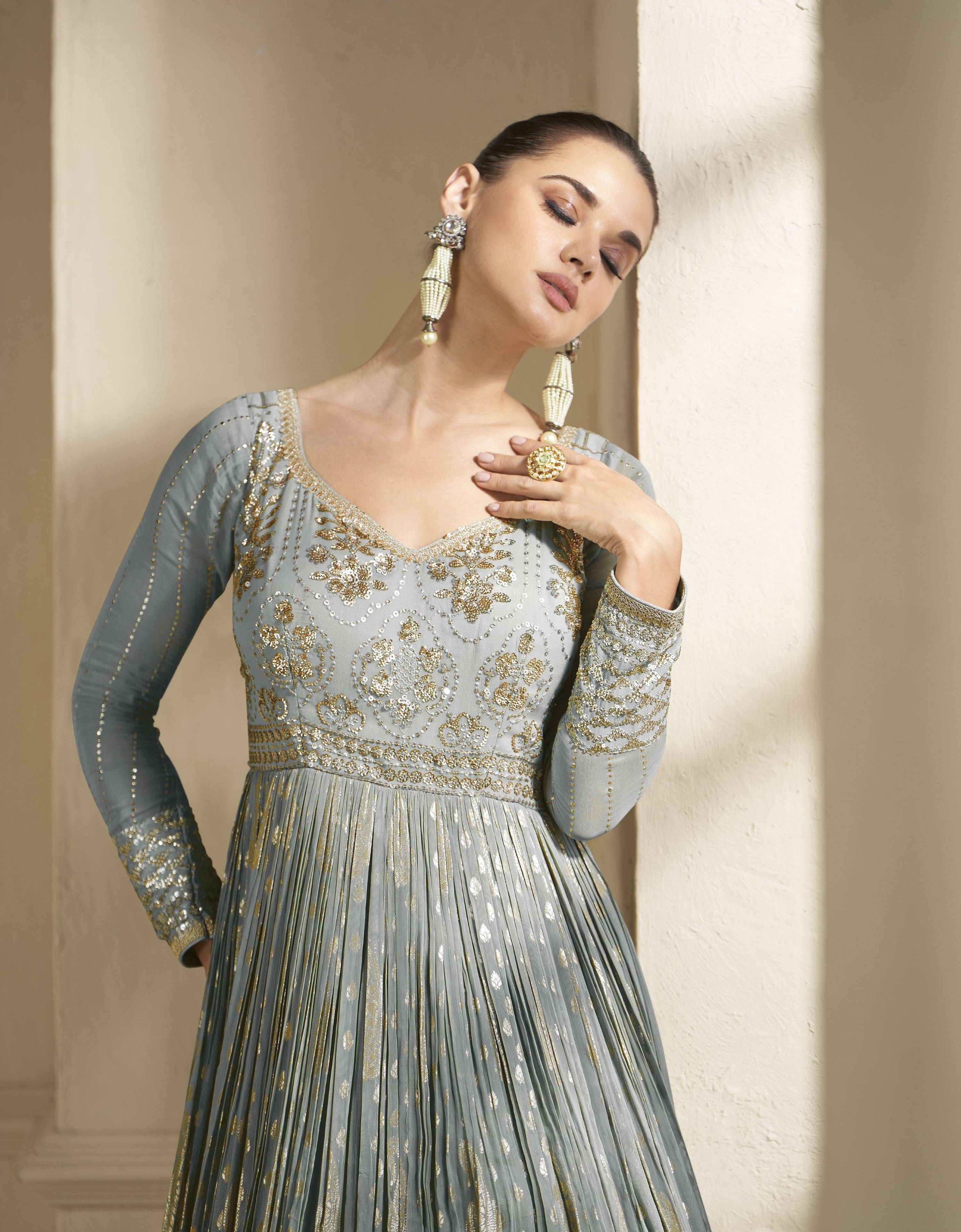 Anaita Grey Embroidered Viscose Jacquard Anarkali Suit | Grocsy
