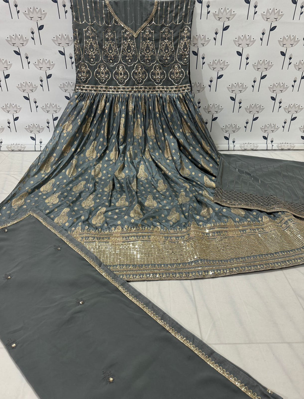 Anaita Grey Embroidered Viscose Jacquard Anarkali Suit | Grocsy