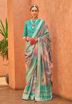 Monjolika Fashion Foliage Prints Silk Turquoise Classic Saree | Grocsy