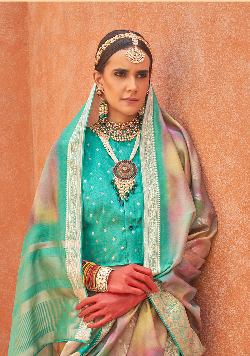 Monjolika Fashion Foliage Prints Silk Turquoise Classic Saree | Grocsy
