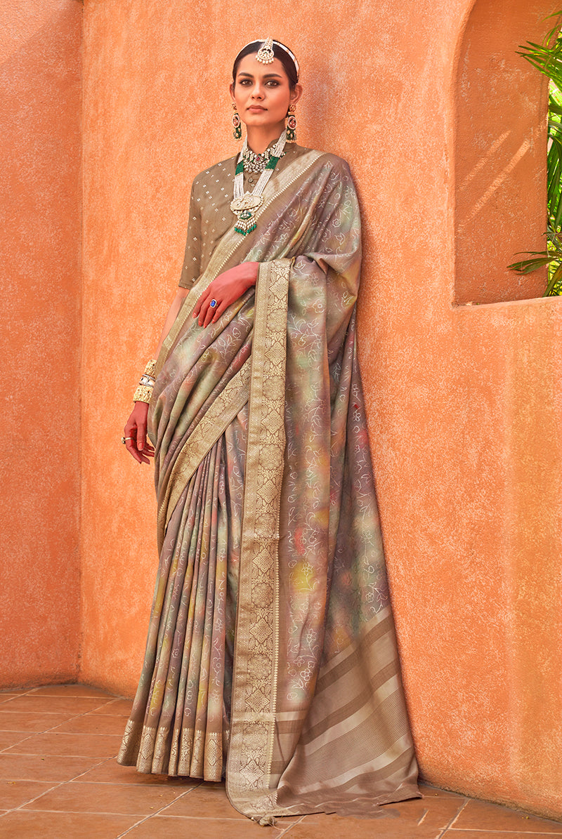 Monjolika Fashion Foil Print Traditional Silk Saree In Light Brown | Grocsy