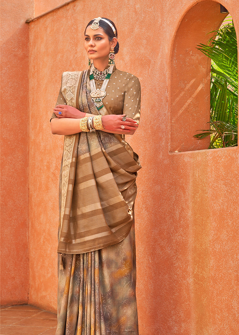 Monjolika Fashion Foil Print Traditional Silk Saree In Light Brown | Grocsy