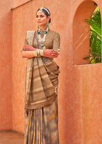 Monjolika Fashion Foil Print Traditional Silk Saree In Light Brown | Grocsy