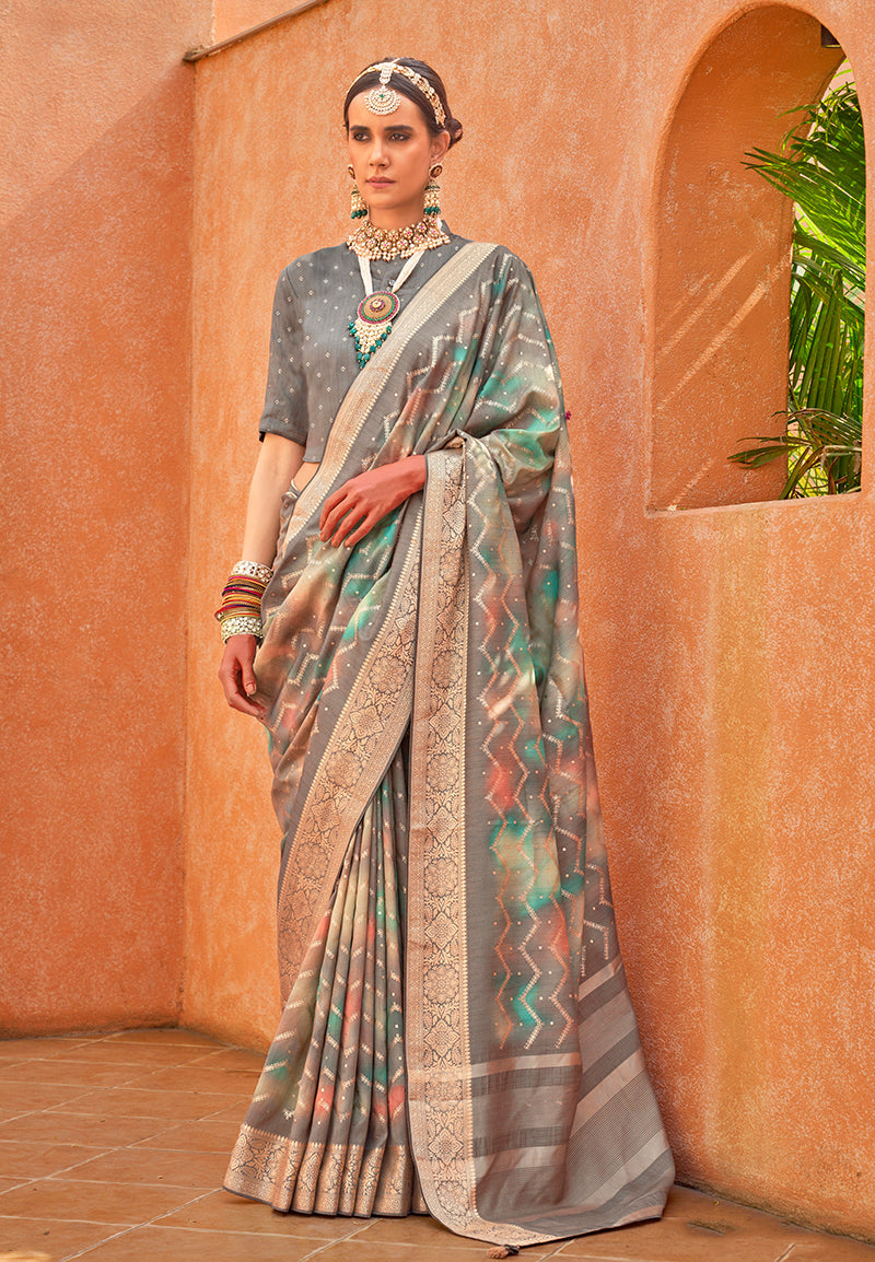 Monjolika Fashion Silk Foil Print Trendy Saree In Grey | Grocsy