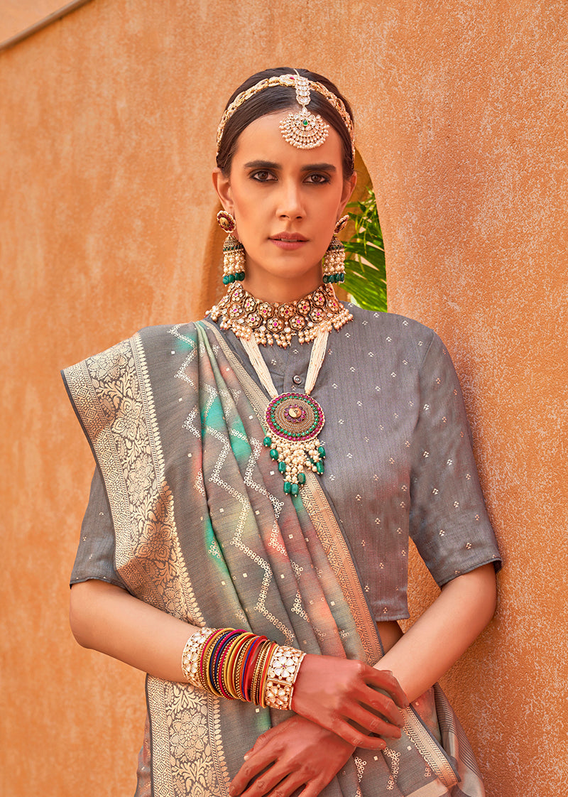 Monjolika Fashion Silk Foil Print Trendy Saree In Grey | Grocsy