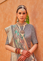 Monjolika Fashion Silk Foil Print Trendy Saree In Grey | Grocsy