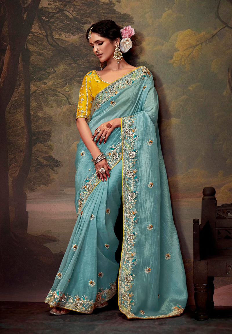 Monjolika Fashion Embroidered Thread Work Organza Aqua Blue Classic Saree | Grocsy