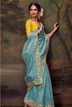 Monjolika Fashion Embroidered Thread Work Organza Aqua Blue Classic Saree | Grocsy