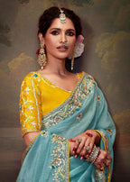 Monjolika Fashion Embroidered Thread Work Organza Aqua Blue Classic Saree | Grocsy