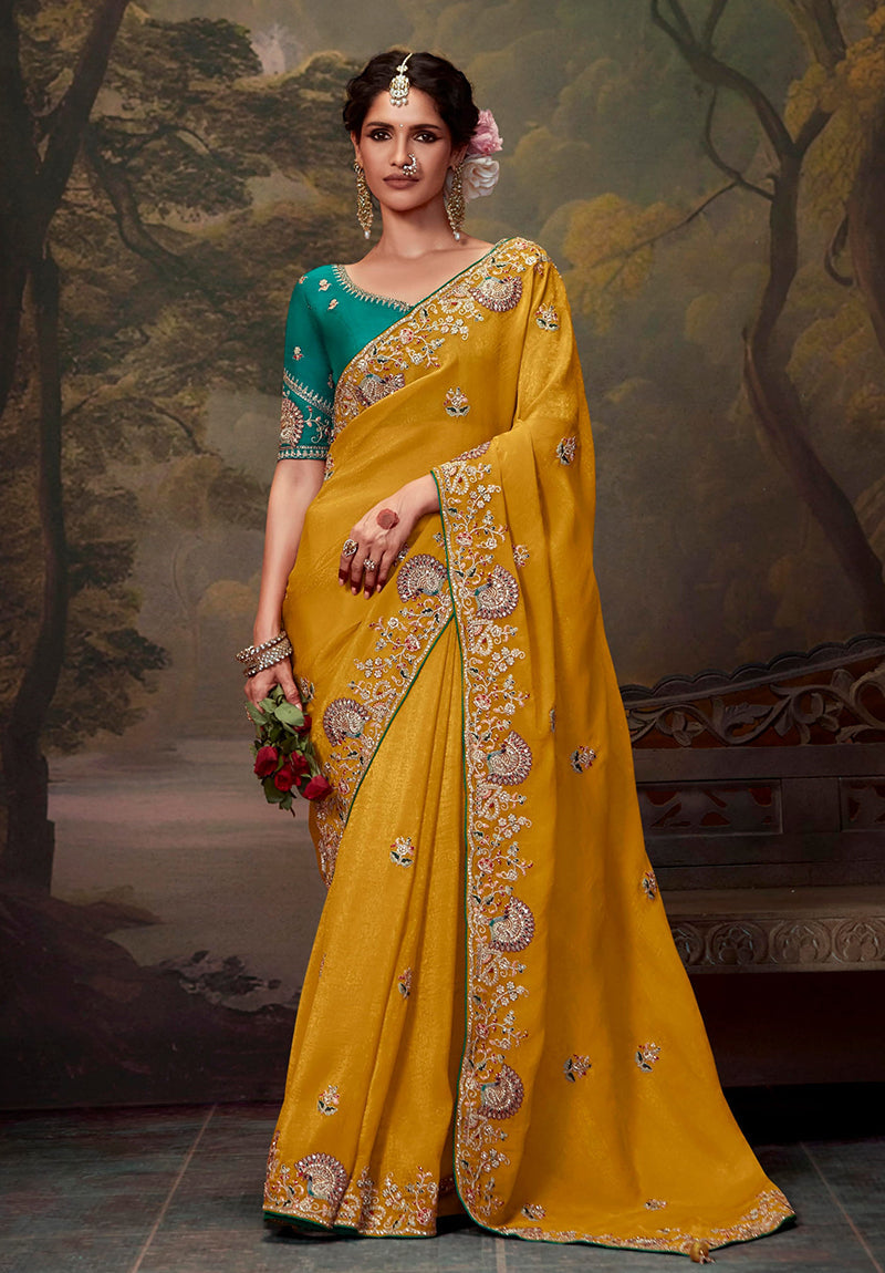 Monjolika Fashion Organza Mustard Embroidered Thread Work Contemporary Saree | Grocsy