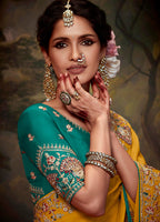 Monjolika Fashion Organza Mustard Embroidered Thread Work Contemporary Saree | Grocsy
