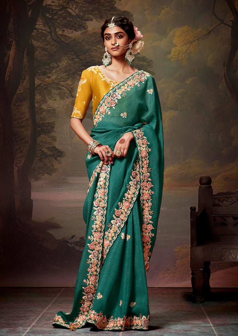 Monjolika Fashion Organza Embroidered Thread Work Teal Designer Saree | Grocsy