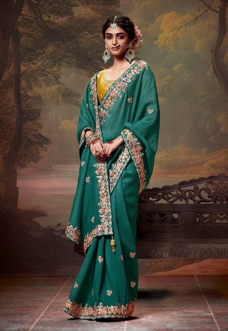 Monjolika Fashion Organza Embroidered Thread Work Teal Designer Saree | Grocsy