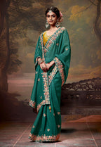 Monjolika Fashion Organza Embroidered Thread Work Teal Designer Saree | Grocsy