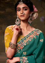 Monjolika Fashion Organza Embroidered Thread Work Teal Designer Saree | Grocsy