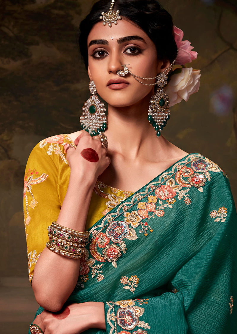 Monjolika Fashion Organza Embroidered Thread Work Teal Designer Saree | Grocsy