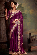 Monjolika Fashion Burgundy Organza Embroidered Thread Work Traditional Saree | Grocsy