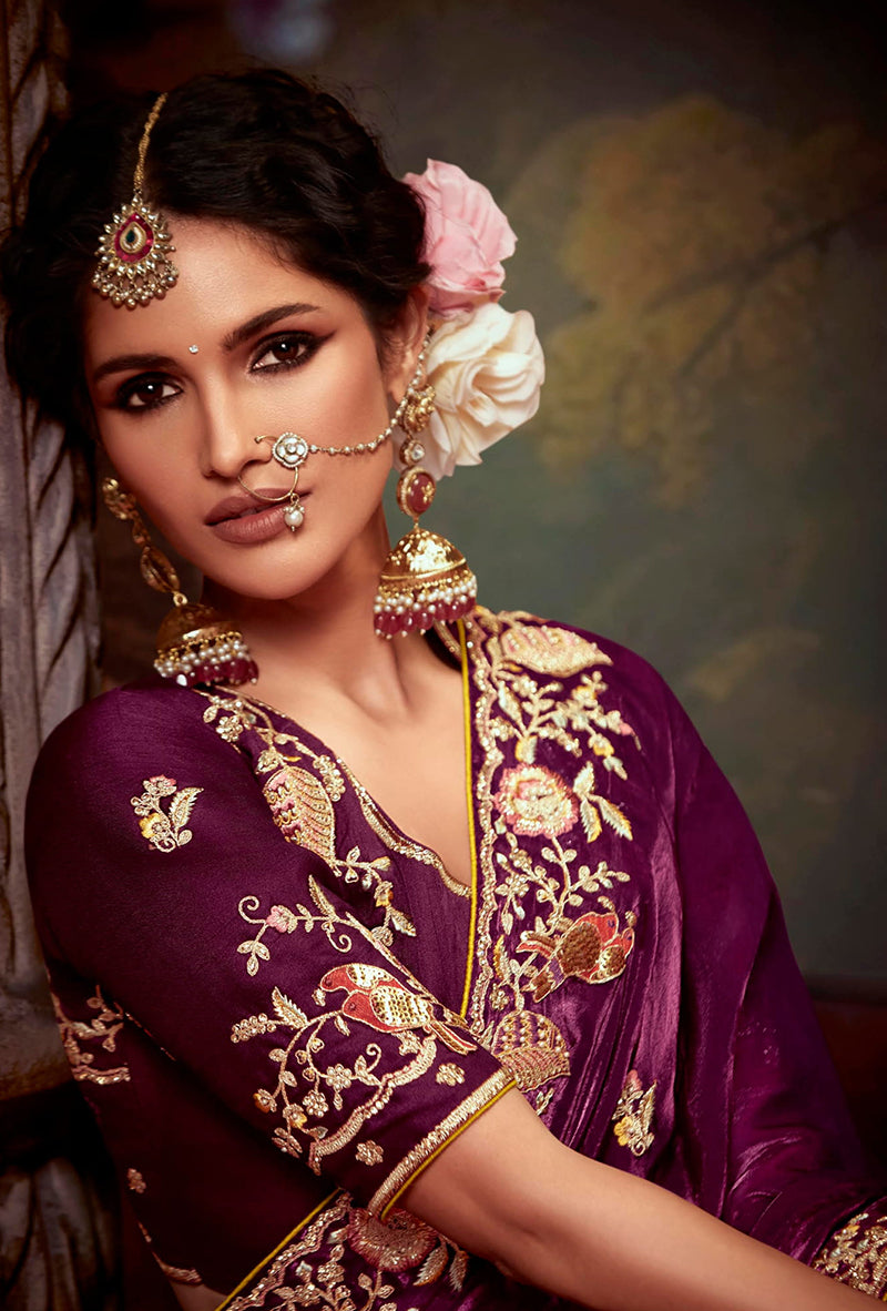Monjolika Fashion Burgundy Organza Embroidered Thread Work Traditional Saree | Grocsy