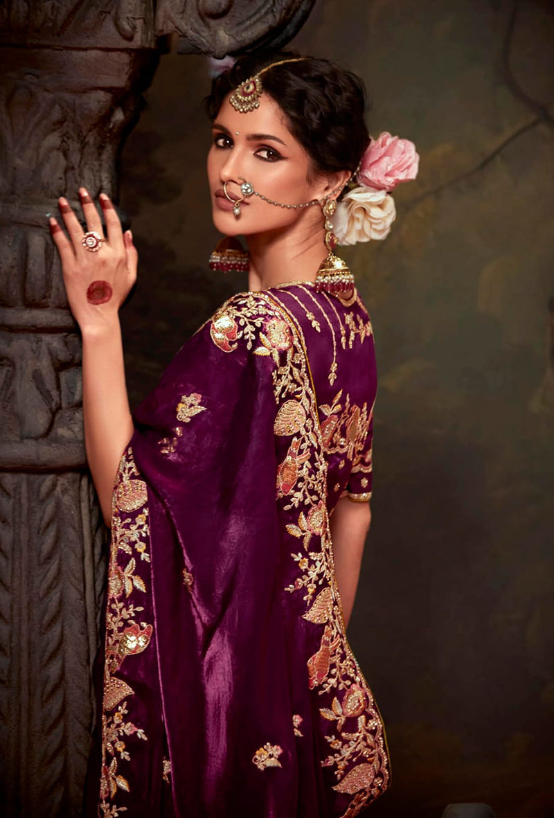 Monjolika Fashion Burgundy Organza Embroidered Thread Work Traditional Saree | Grocsy