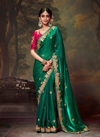 Monjolika Fashion Organza Green Embroidered Thread Work Trendy Saree | Grocsy