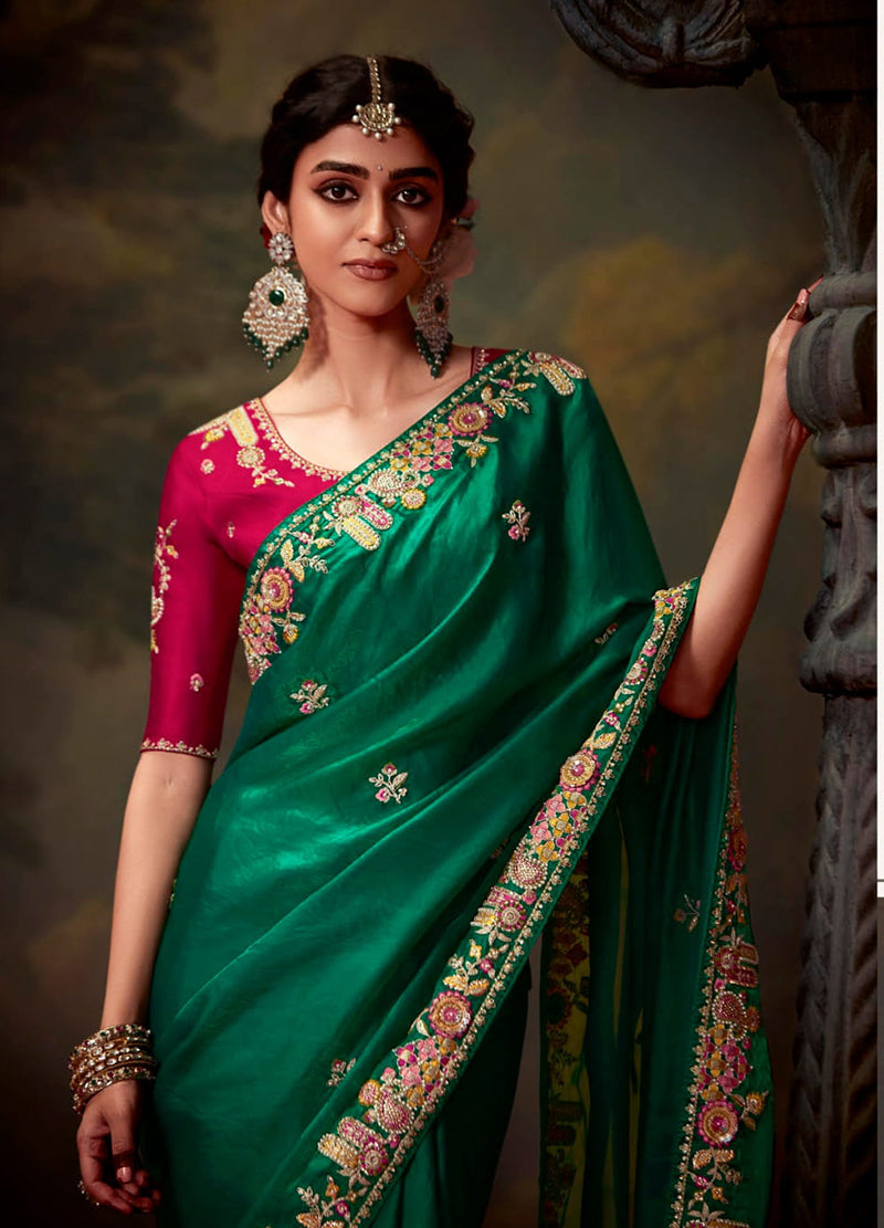 Monjolika Fashion Organza Green Embroidered Thread Work Trendy Saree | Grocsy