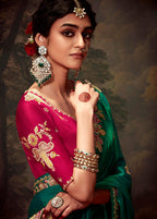 Monjolika Fashion Organza Green Embroidered Thread Work Trendy Saree | Grocsy