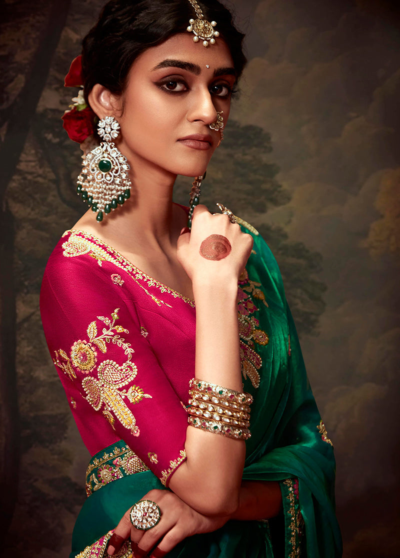 Monjolika Fashion Organza Green Embroidered Thread Work Trendy Saree | Grocsy