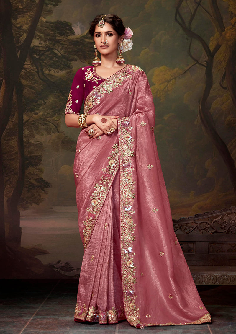 Monjolika Fashion Organza Pink Embroidered Thread Work Classic Saree | Grocsy