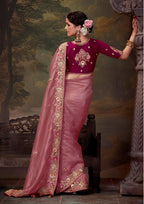 Monjolika Fashion Organza Pink Embroidered Thread Work Classic Saree | Grocsy