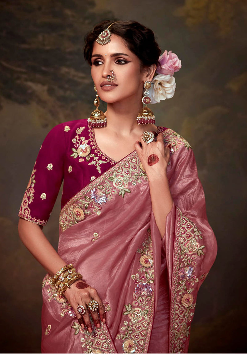 Monjolika Fashion Organza Pink Embroidered Thread Work Classic Saree | Grocsy