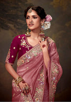 Monjolika Fashion Organza Pink Embroidered Thread Work Classic Saree | Grocsy