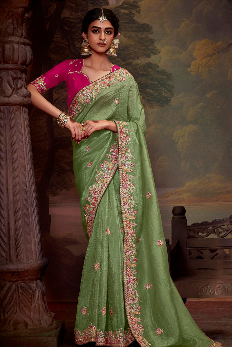 Monjolika Fashion Organza Embroidered Thread Work Contemporary Saree In Light Green | Grocsy