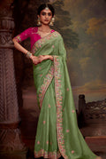 Monjolika Fashion Organza Embroidered Thread Work Contemporary Saree In Light Green | Grocsy