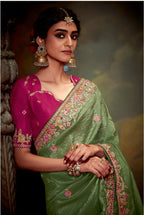Monjolika Fashion Organza Embroidered Thread Work Contemporary Saree In Light Green | Grocsy