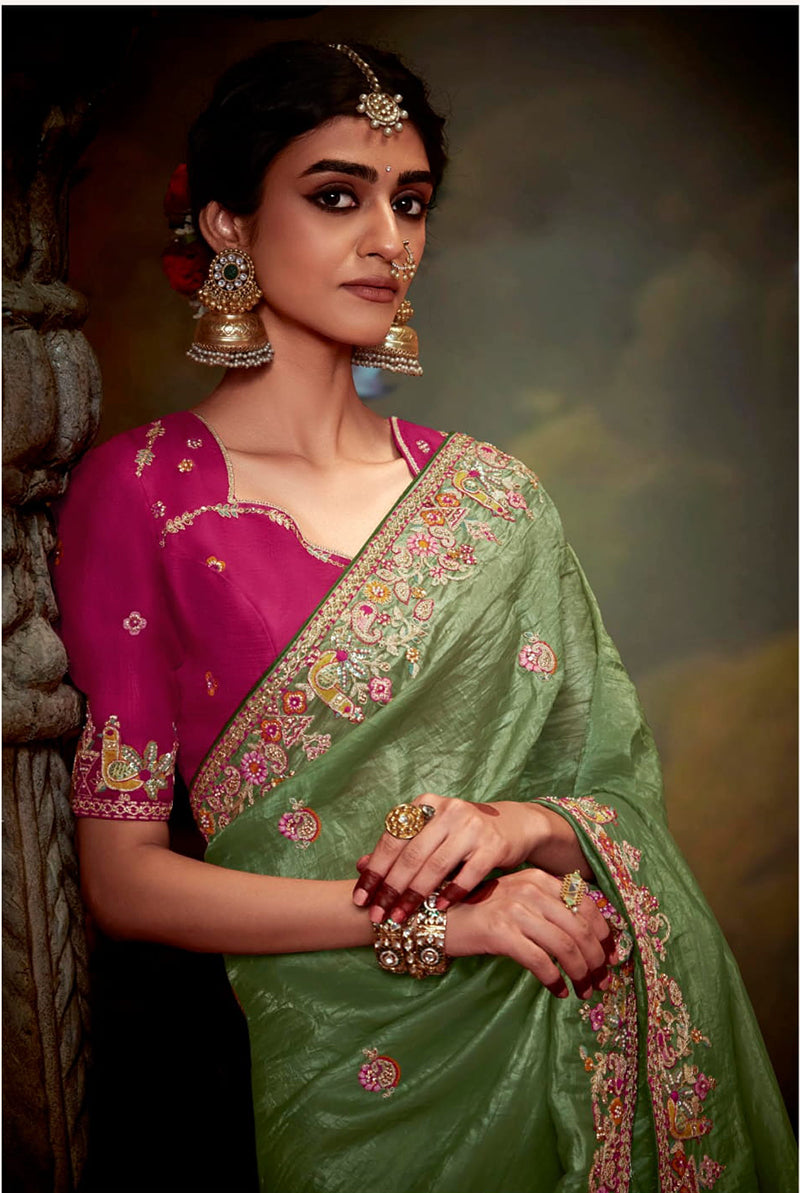 Monjolika Fashion Organza Embroidered Thread Work Contemporary Saree In Light Green | Grocsy