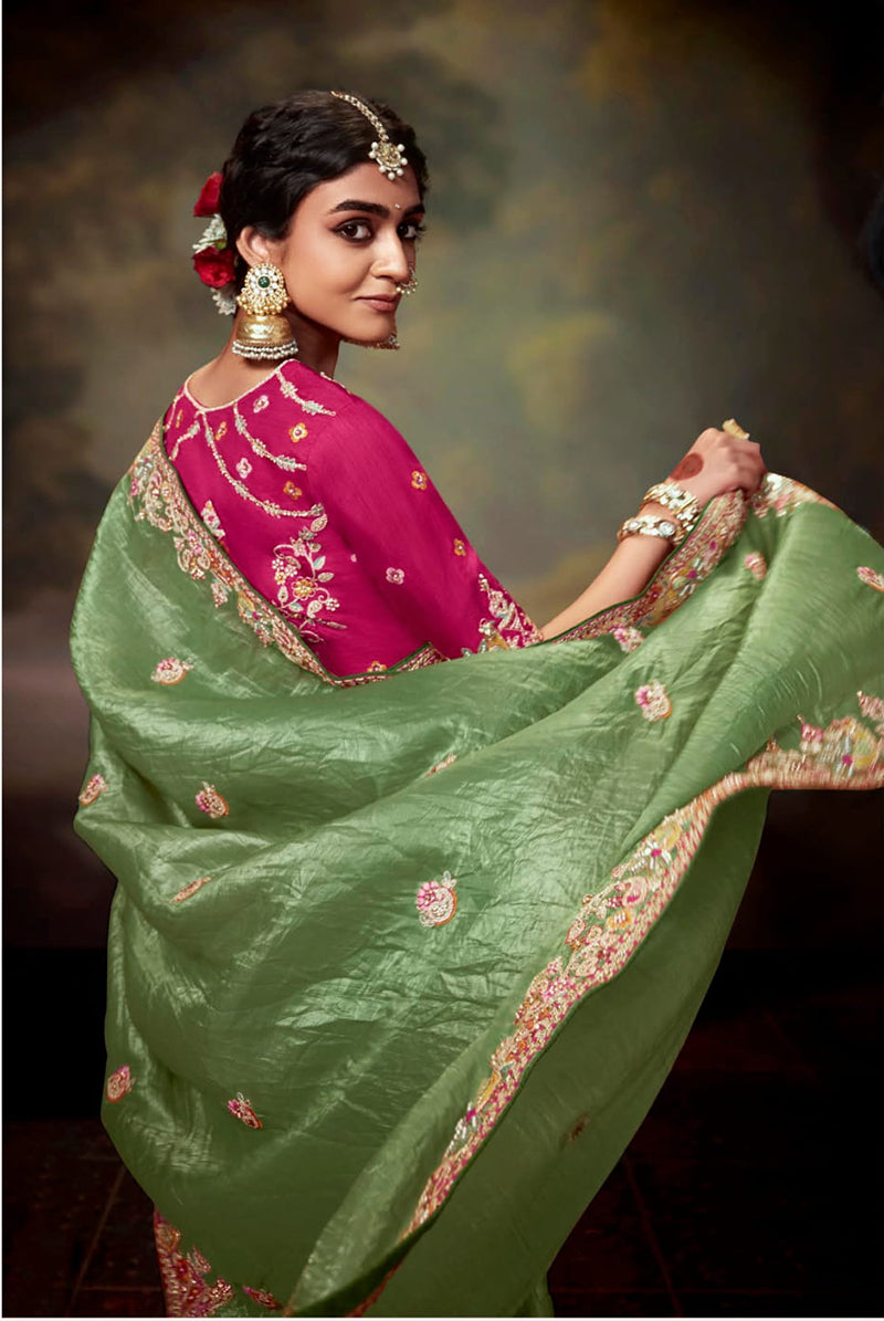 Monjolika Fashion Organza Embroidered Thread Work Contemporary Saree In Light Green | Grocsy