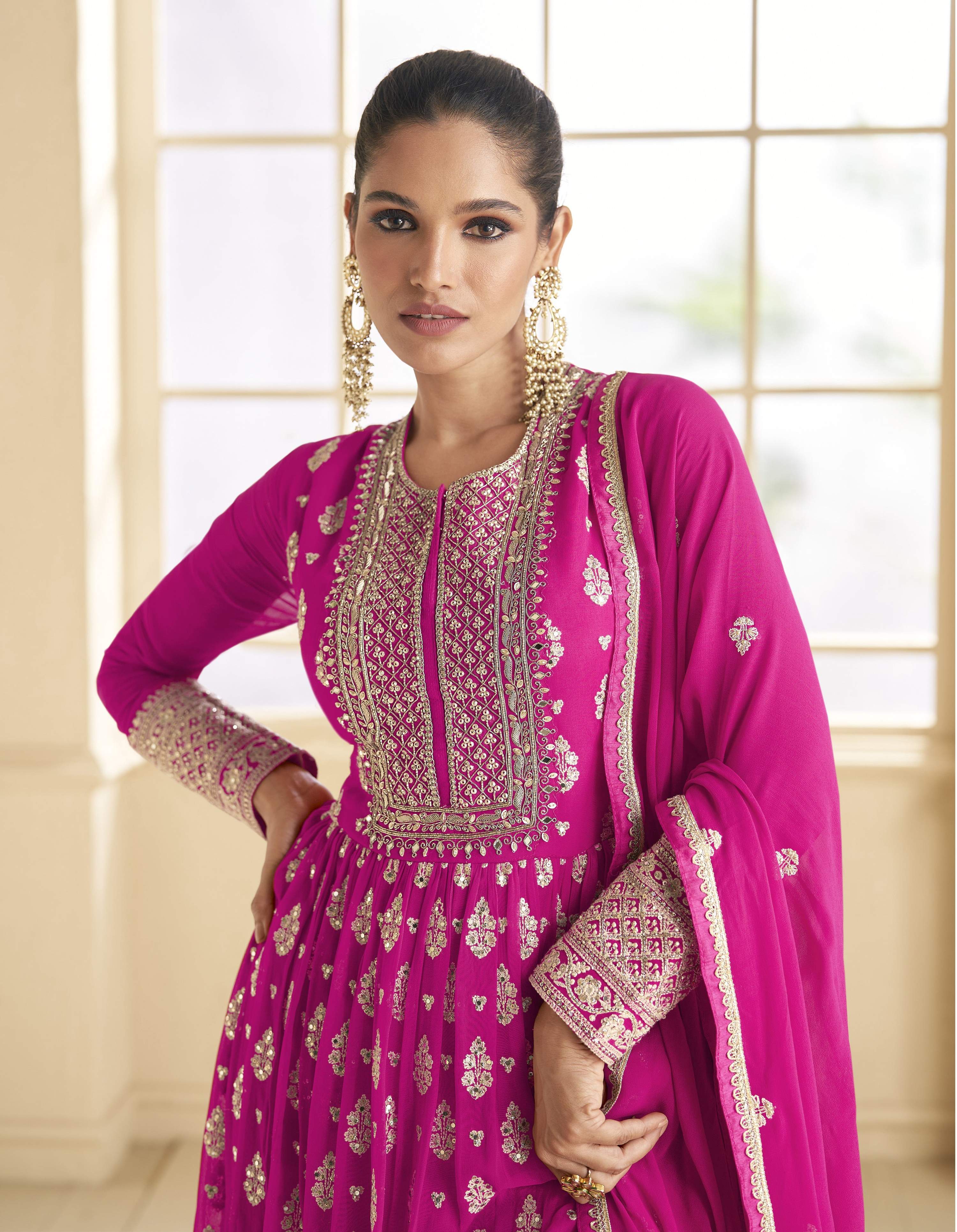 Anaita Pink Embroidered Viscose Jacquard Anarkali Suit | Grocsy