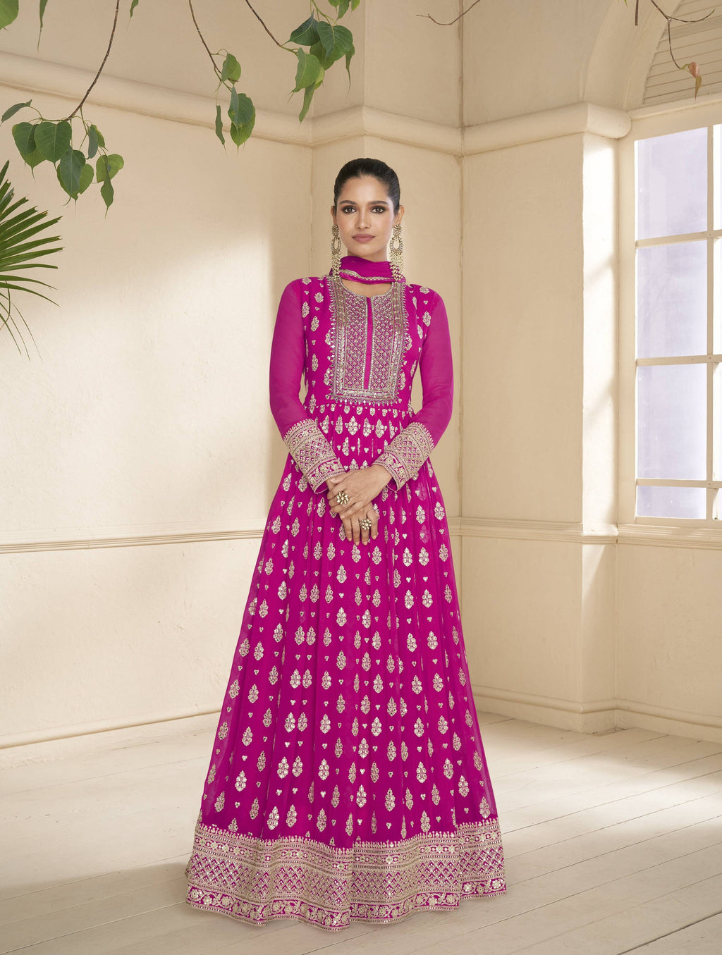 Anaita Pink Embroidered Viscose Jacquard Anarkali Suit | Grocsy
