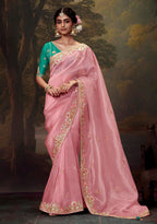 Monjolika Fashion Organza Embroidered Thread Work Light Pink Trendy Saree | Grocsy