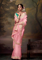 Monjolika Fashion Organza Embroidered Thread Work Light Pink Trendy Saree | Grocsy